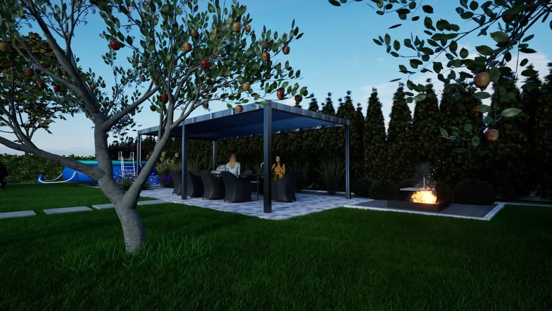 Wizualizacja ogrodu z pergolą, grillem, miejscem do siedzenia, paleniskiem i basenem w tle, otoczona drzewami i zielenią.