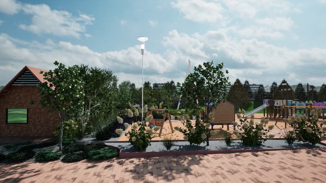 Wizualizacja placu zabaw z elementami drewnianymi, zjeżdżalnią i huśtawkami, otoczonego zielenią, z budynkiem z czerwonej cegły w tle i oświetleniem parkowym.