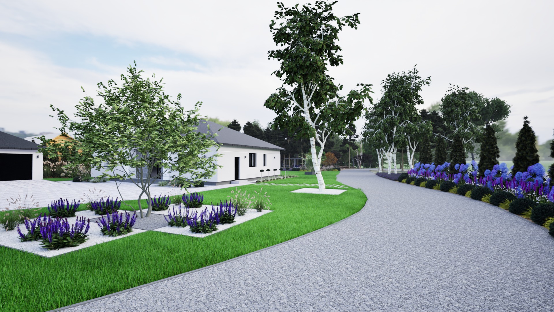 Wizualizacja projektu ogrodu z podjazdem z kostki, rabatami z fioletowymi kwiatami i drzewami liściastymi przed nowoczesnym domem z białymi ścianami.