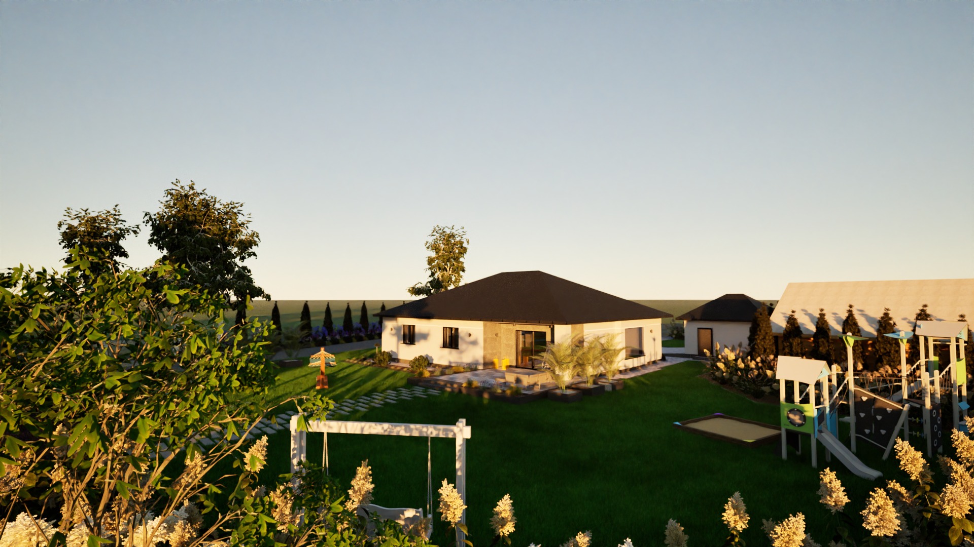 Wizualizacja ogrodu z nowoczesnym domem jednorodzinnym, placem zabaw i ścieżką z kamieni, otoczona zielenią i drzewami iglastymi.