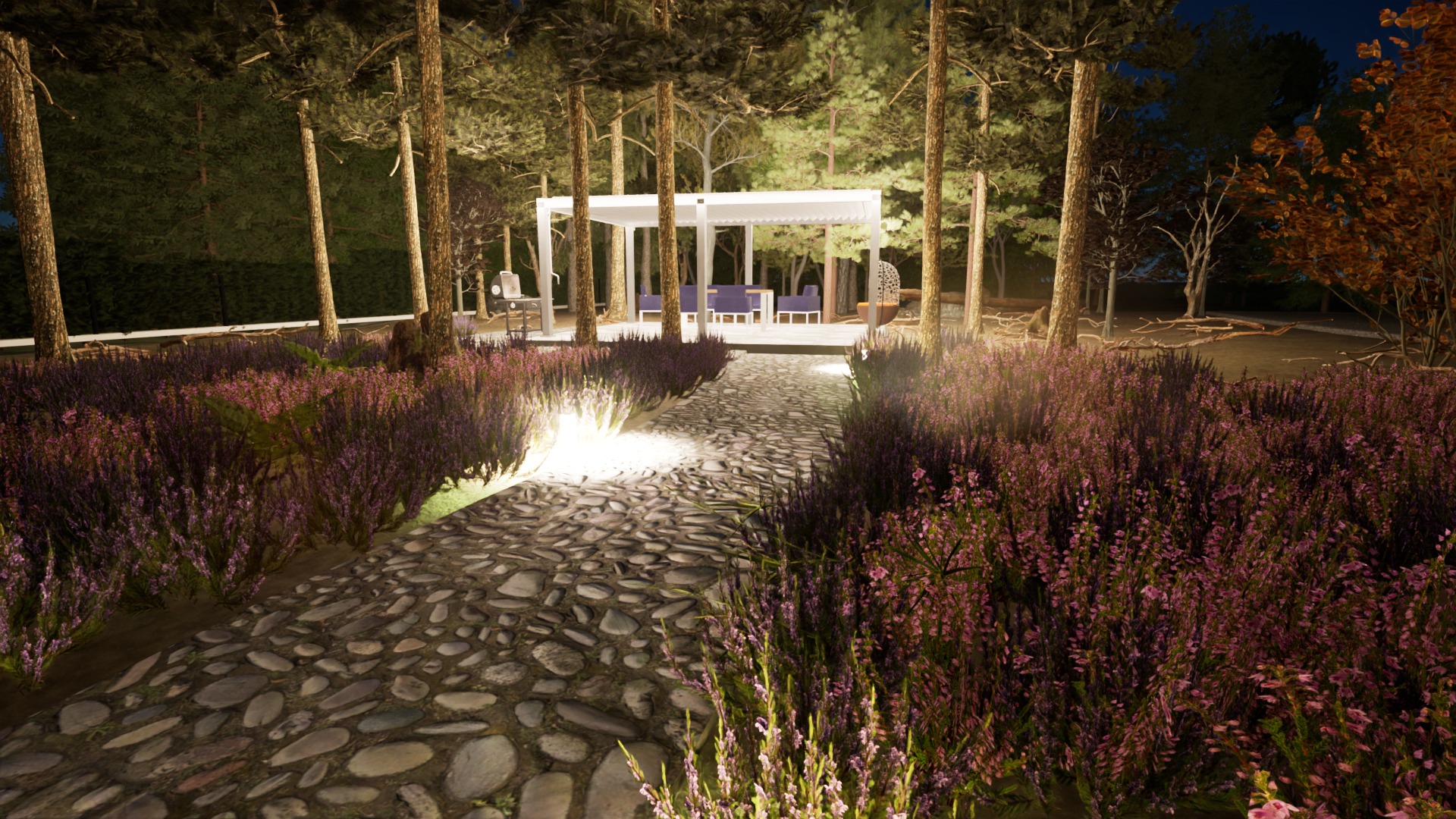 Oświetlona ścieżka z kamieni prowadząca do białej pergoli z meblami ogrodowymi, otoczona wrzosami i drzewami, nocna sceneria.
