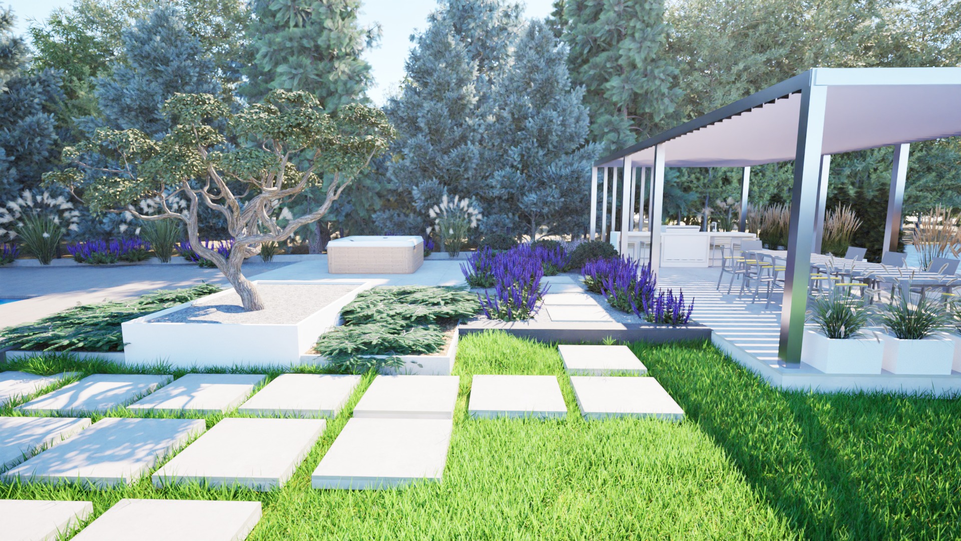 Wizualizacja ogrodu z nowoczesną pergolą, ścieżką z płyt, ozdobnym drzewem w donicy, fioletowymi kwiatami i jacuzzi w tle.