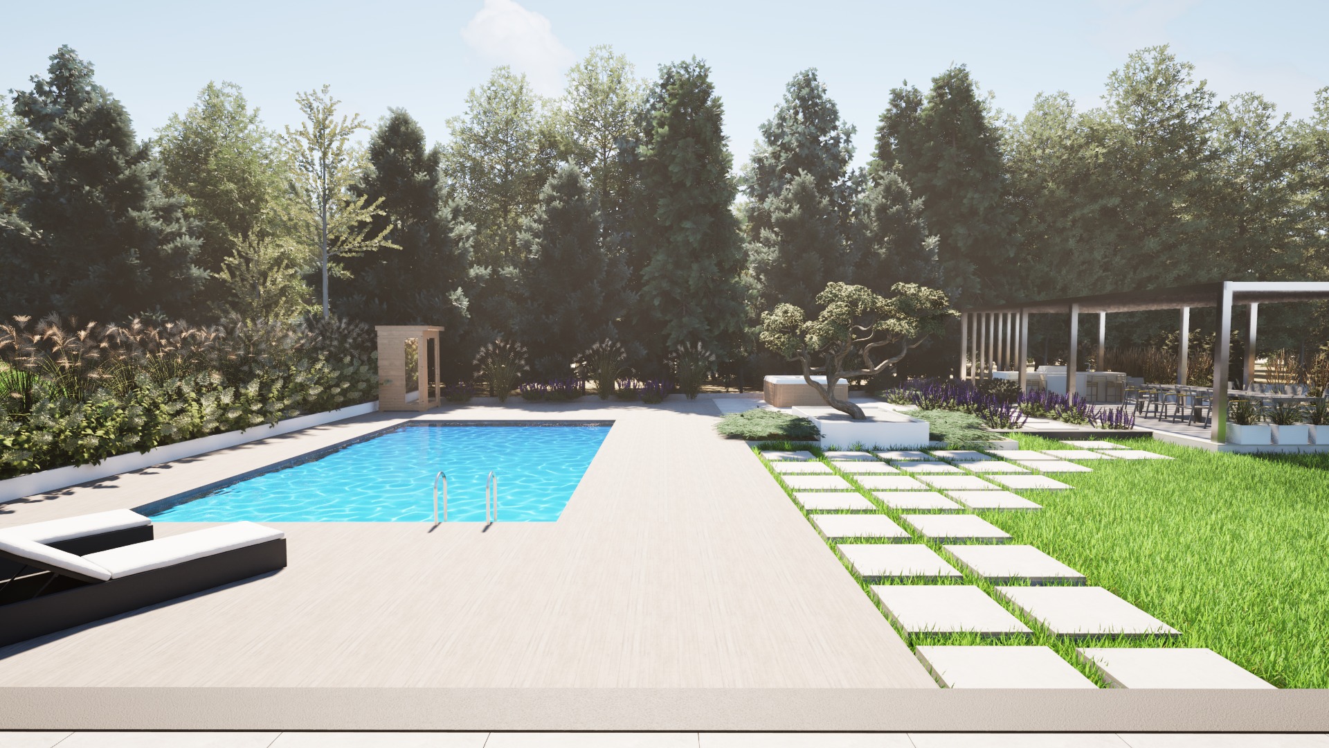 Wizualizacja ogrodu z basenem, leżakiem, pawilonem ogrodowym i ścieżką z kamiennych płyt na trawniku.