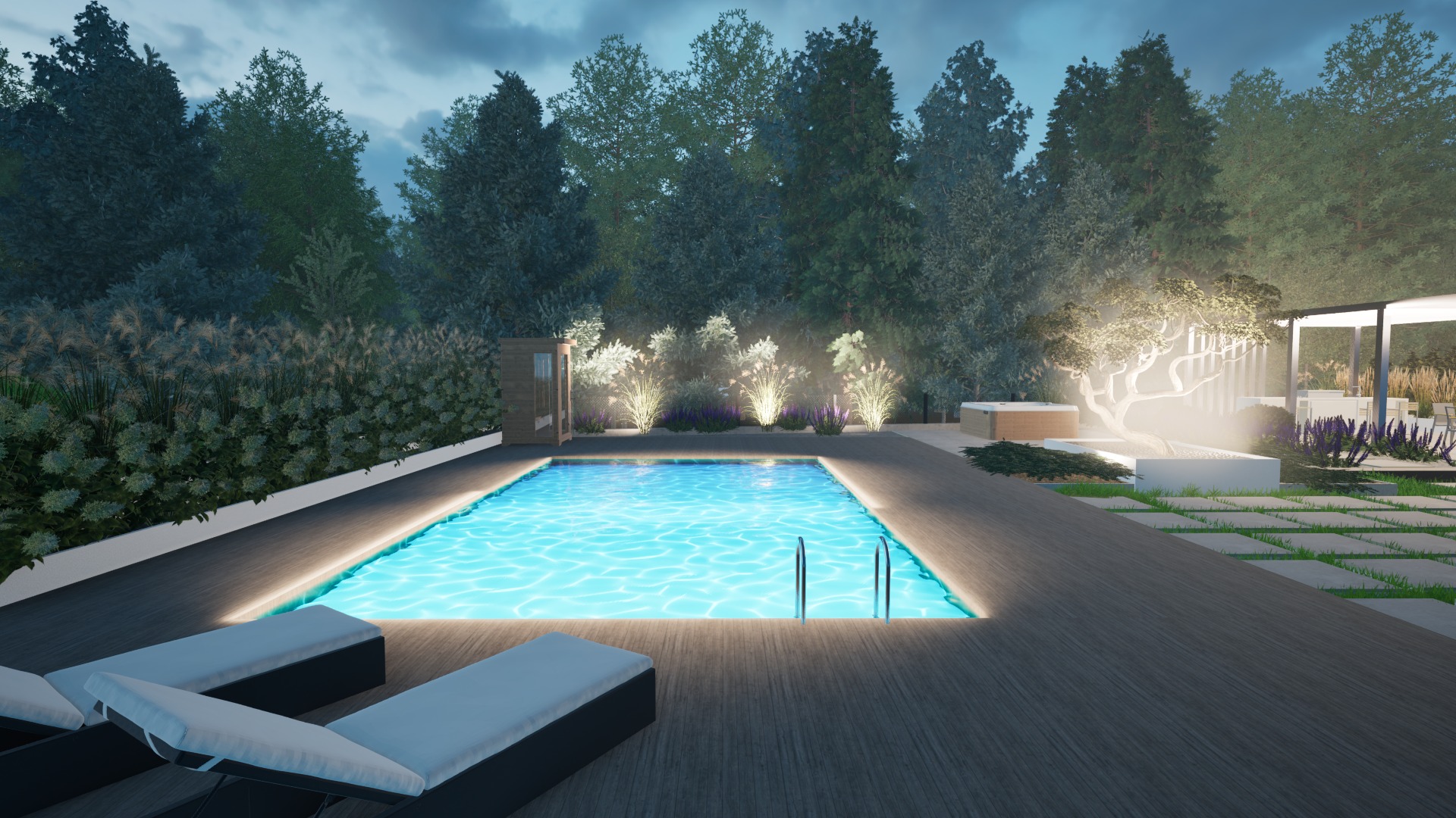 Nowoczesny basen z podświetlaną wodą i drewnianym tarasem, otoczony zielenią i oświetleniem ogrodowym, z sauną i jacuzzi w tle, oświetlony ozdobny krzew.