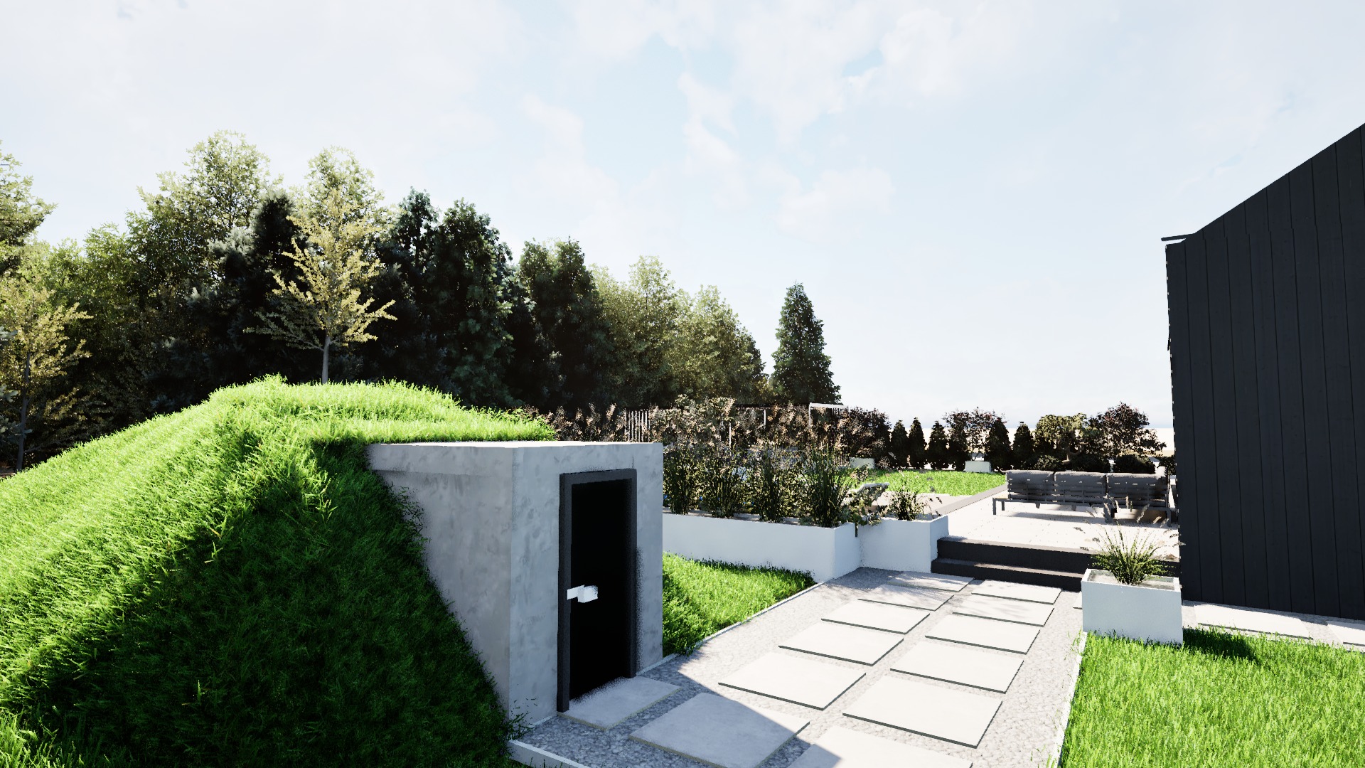 Nowoczesny ogród z ziemianką pokrytą trawą, ścieżką z płyt i minimalistycznym tarasem z meblami.