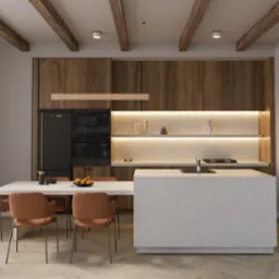 Wnętrze kuchni z drewnianymi szafkami, wyspą z blatem z konglomeratu, czarną lodówką Smeg i drewnianymi belkami stropowymi, oświetlone ciepłym światłem.