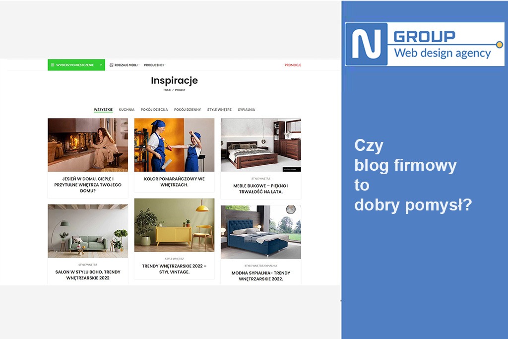 Zrzut ekranu strony internetowej agencji web design z inspiracjami wnętrzarskimi, logo firmy w prawym górnym rogu i pytaniem 'Czy blog firmowy to dobry pomysł?' na niebieskim tle.