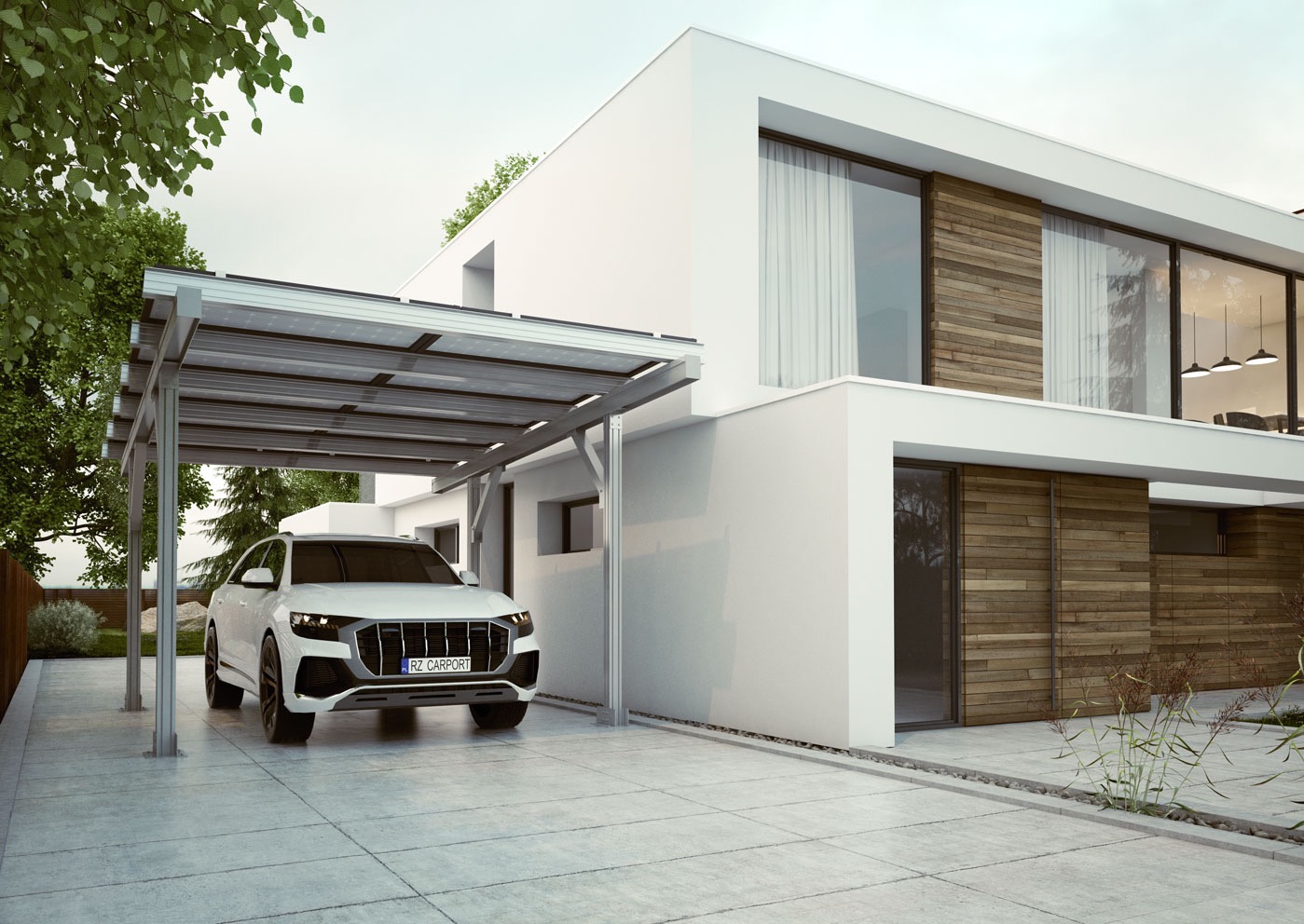 Nowoczesny dom z białymi ścianami i drewnianym akcentem, zadaszenie fotowoltaiczne nad samochodem. Minimalistyczny design, oświetlenie zewnętrzne.