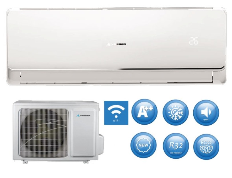 Nowoczesny klimatyzator Vesser z jednostką zewnętrzną i ikonami przedstawiającymi funkcje: WiFi, klasa energetyczna A++, tryb chłodzenia, tryb cichy, nowy czynnik chłodniczy R32 oraz tryb ECO.