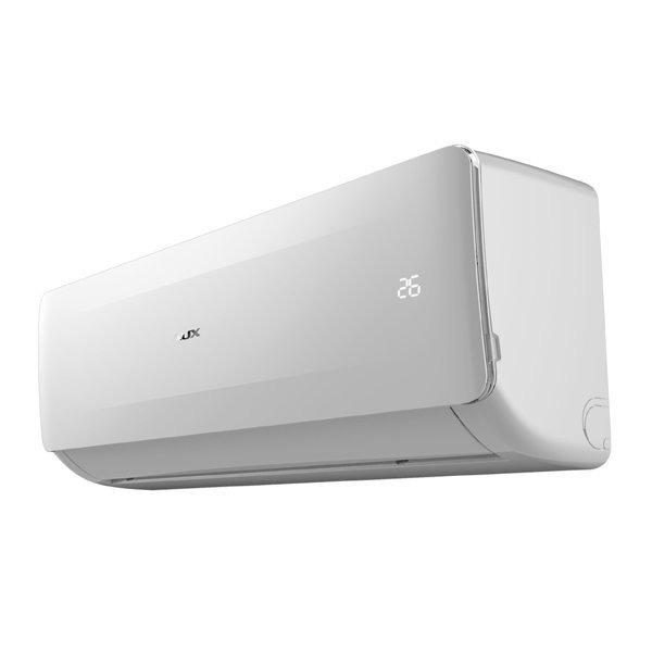 Nowoczesny, biały klimatyzator ścienny marki AUX z wyświetlaczem temperatury ustawionym na 26 stopni, sfotografowany na białym tle.