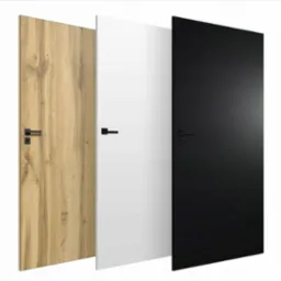 Prezentacja trzech modeli drzwi wewnętrznych: w kolorze drewna z widocznym usłojeniem, białe i czarne, wszystkie z czarnymi klamkami.