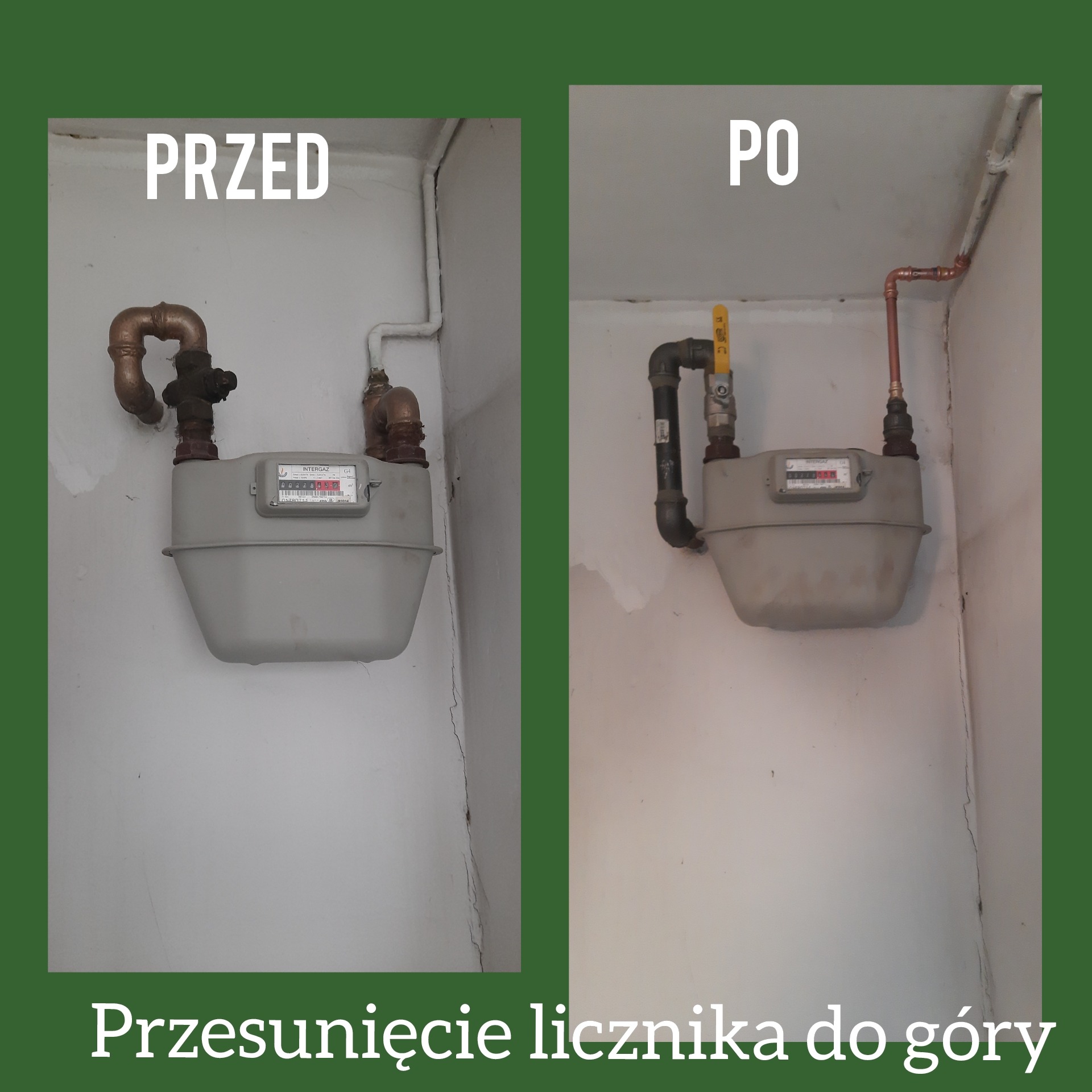 Porównanie stanu licznika gazowego przed i po przesunięciu, widoczne zmiany w rurach i ich układzie.