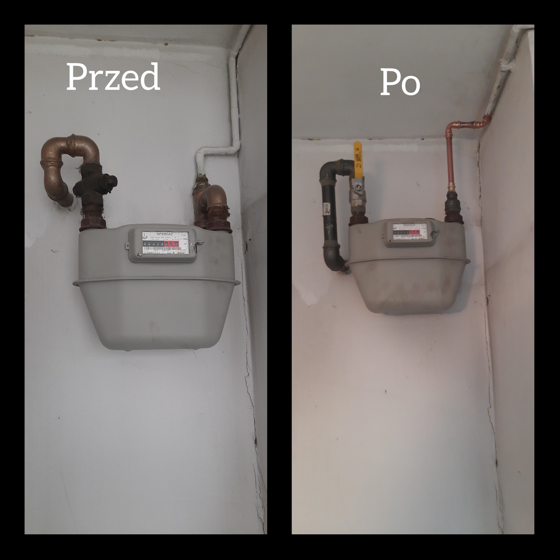 Zdjęcie typu 'przed i po' przedstawiające licznik gazu z instalacją: po lewej stronie stara instalacja z rdzewiejącymi rurami, po prawej nowa instalacja z rurami miedzianymi i zaworem gazowym.
