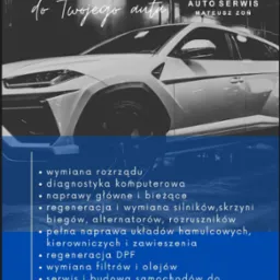 Czarno-białe zdjęcie reklamowe autoserwisu Mateusz Zoń, prezentujące luksusowy samochód z tekstem 'Z miłości do Twojego auta' i listą usług, takich jak wymiana rozrządu, diagnostyka komputerowa...