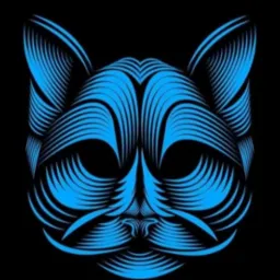 Stylizowana, wektorowa ilustracja głowy kota w odcieniach błękitu na czarnym tle, z geometrycznymi liniami tworzącymi futro i wąsy.