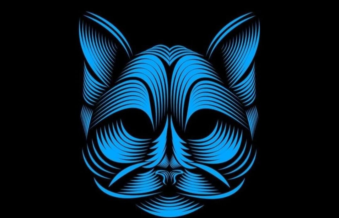 Stylizowana, wektorowa ilustracja głowy kota w odcieniach błękitu na czarnym tle, z geometrycznymi liniami tworzącymi futro i wąsy.