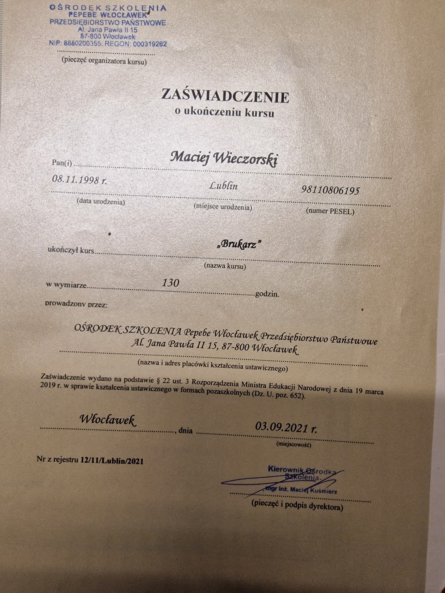 Ukończenie kursu brukarza