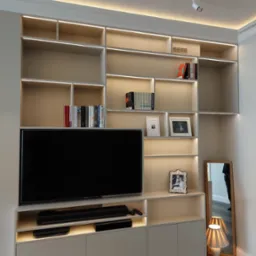 Zabudowa ściany z półkami, oświetleniem LED i miejscem na telewizor, widoczne książki, ramki ze zdjęciami i lustro stojące obok.