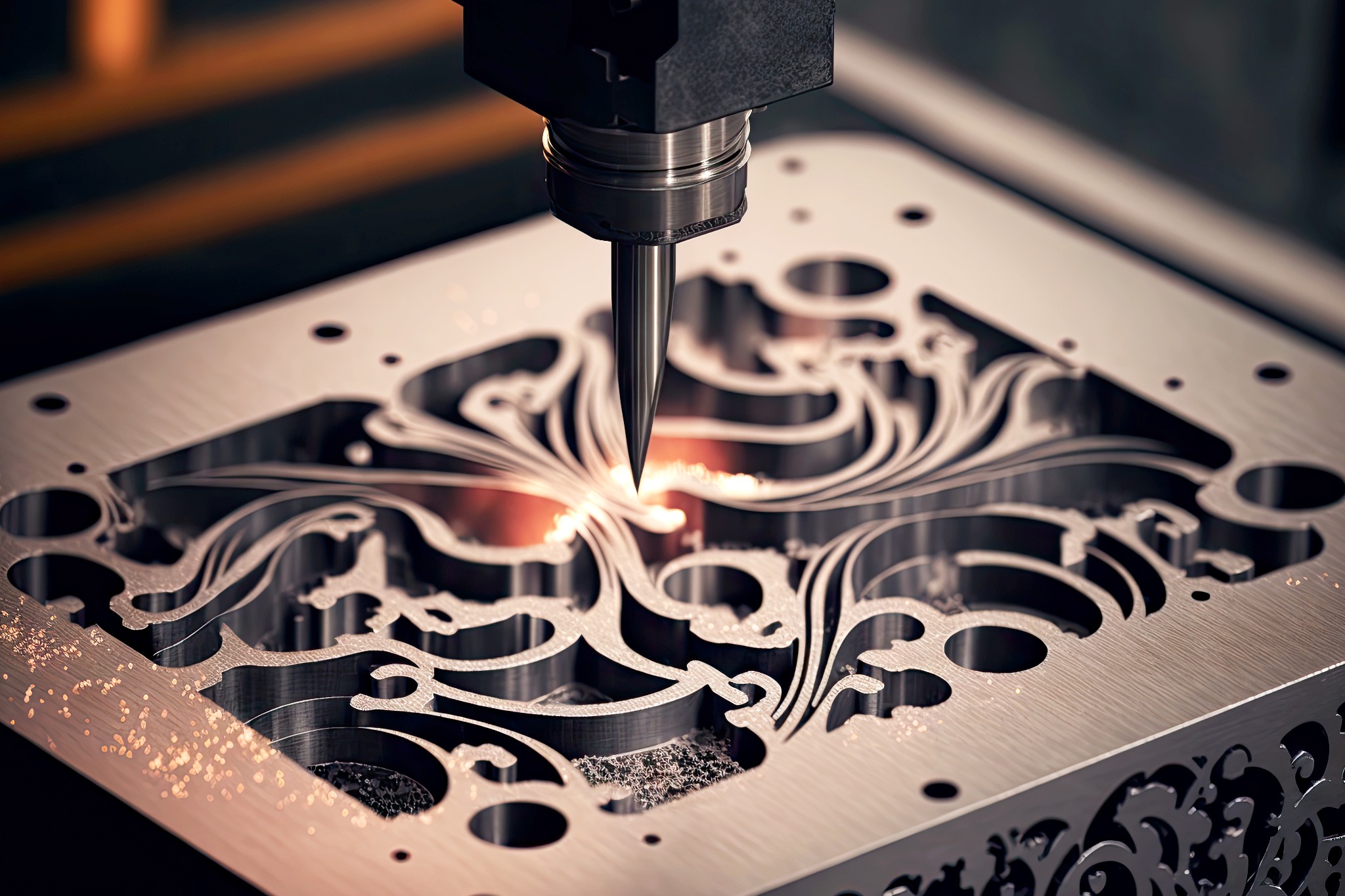 Precyzyjna obróbka metalu CNC w Rogoźnie, tworząca dekoracyjny wzór z iskrami, zbliżenie na frez.