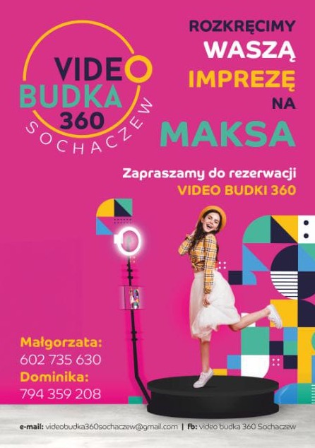 Plakat reklamowy video budki 360 z dziewczyną pozującą na platformie, z tekstem zachęcającym do rezerwacji na imprezy.