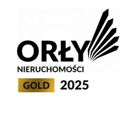 ROBERT WIŚNIOWSKI - Logo firmy 'Orły Nieruchomości' z napisem 'GOLD 2025' na złotym tle. Czarno-biała grafika z elementami przypominającymi pióra.