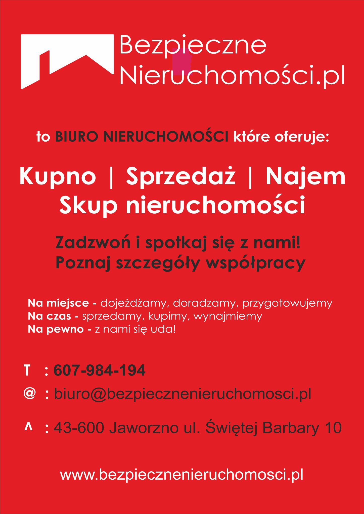 Czerwone ogłoszenie biura nieruchomości Bezpieczne Nieruchomości.pl z ofertą kupna, sprzedaży i najmu nieruchomości w Jaworznie, zawierające logo, numer telefonu i adres e-mail.