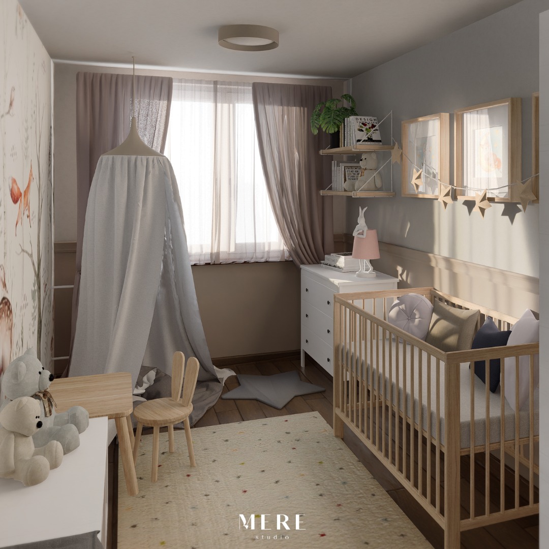 Pokój dziecięcy z łóżeczkiem, baldachimem, stolikiem i krzesełkiem w kształcie króliczych uszu, utrzymany w neutralnej kolorystyce z akcentami beżu i szarości.