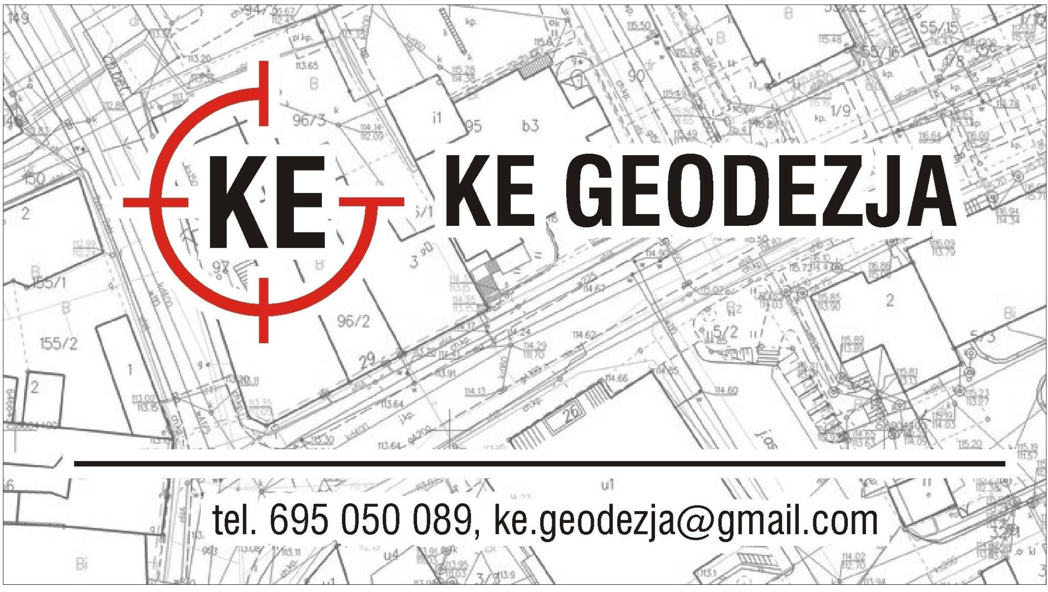 Skan mapy geodezyjnej z naniesionymi danymi pomiarowymi i logo firmy geodezyjnej z Bytowa, zawierający numer telefonu i adres e-mail.