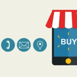 Grafika przedstawiająca telefon komórkowy z markizą jak sklep, na ekranie napis BUY, obok ikony kontaktu: email, telefon, adres.