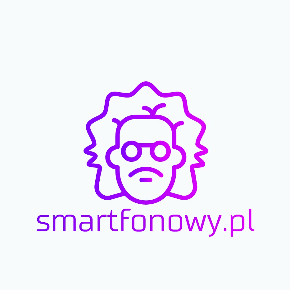 Fioletowe logo z wizerunkiem osoby w okularach i adresem strony internetowej smartfonowy.pl