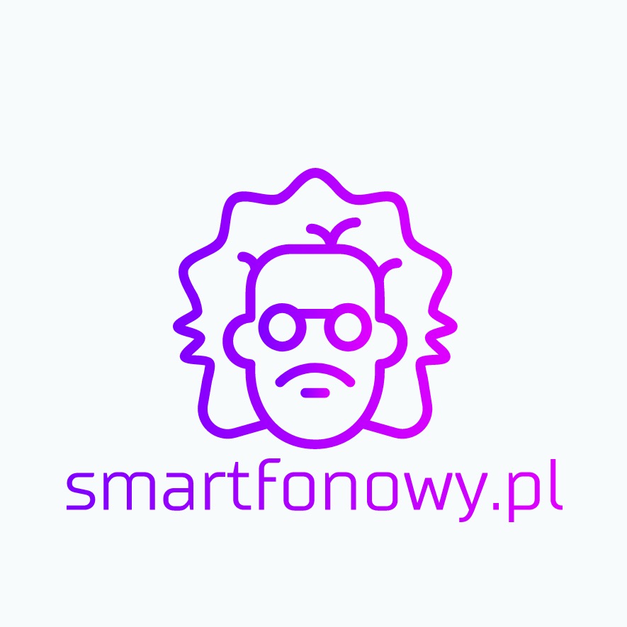 Gradientowy fioletowy logotyp z kreskówkową postacią naukowca w okularach i adresem strony internetowej smartfonowy.pl