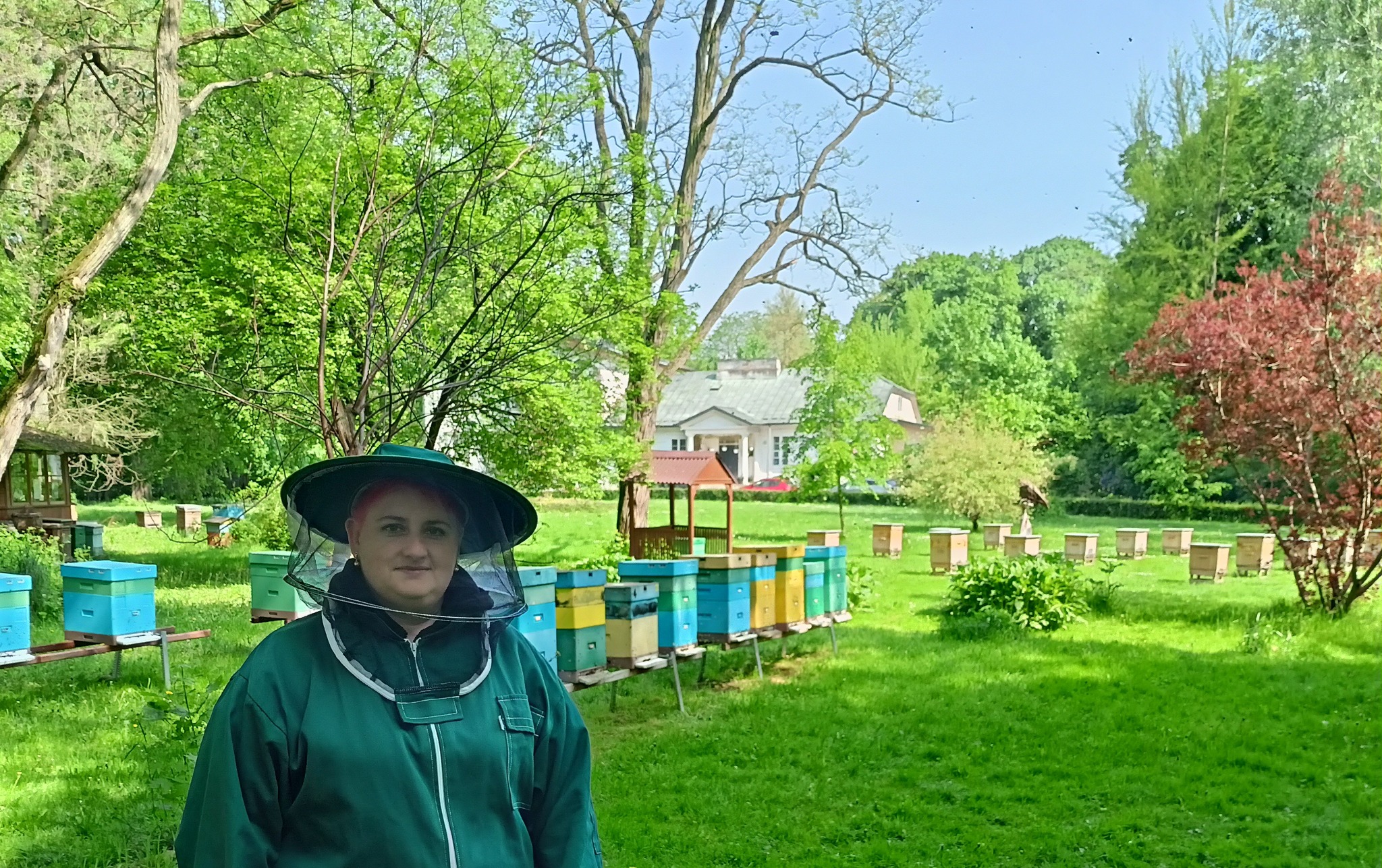 Pszczelarz w zielonym kombinezonie i kapeluszu z siatką ochronną na tle uli w słonecznym sadzie z domem w tle.