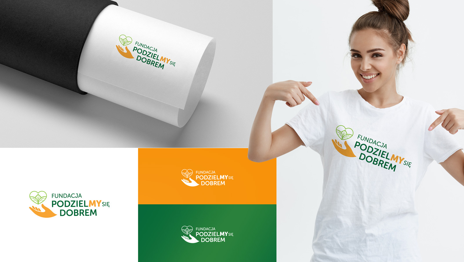 Prezentacja wizualna logo fundacji 'Podzielmy się dobrem' na różnych nośnikach: zwinięty plakat w czarnej tubie, t-shirt z nadrukiem noszony przez uśmiechniętą kobietę wskazującą na logo, wersje...