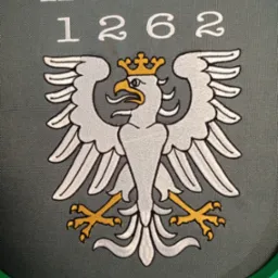 Herb miasta Kcynia z datą 1262, wykonany techniką haftu na szarym tle, umieszczony w zielonej ramce.