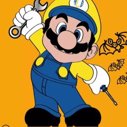 DMX USŁUGI TRANSPORTOWO - BUDOWLANE Jarosław Wolski - Karykatura hydraulika w żółto-niebieskim kombinezonie, trzymającego klucz i śrubokręt na pomarańczowym tle z motywem nietoperzy.