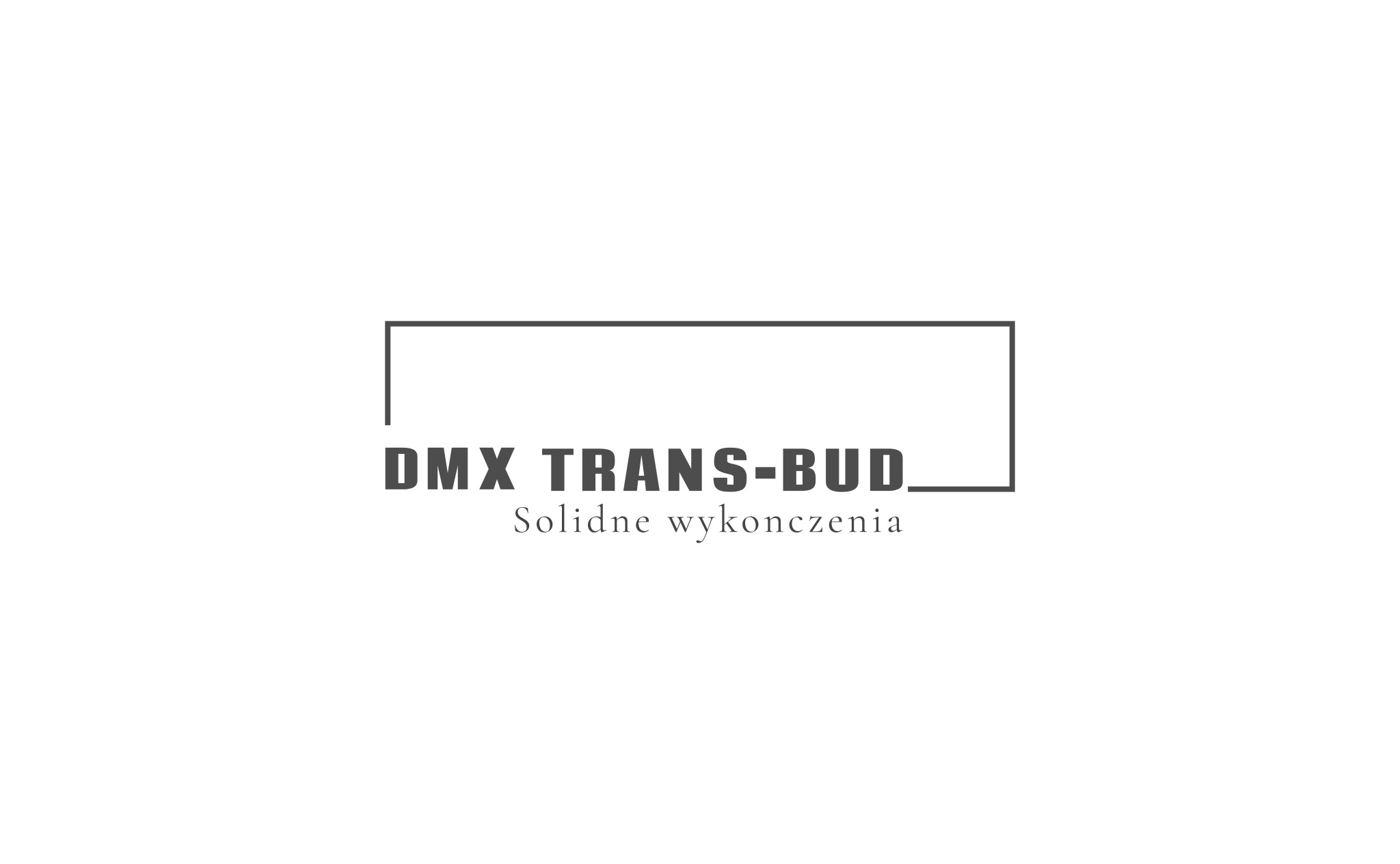 Minimalistyczne logo firmy budowlanej DMX TRANS-BUD z hasłem 'Solidne wykończenia', umieszczone w prostokątnej ramce na białym tle.