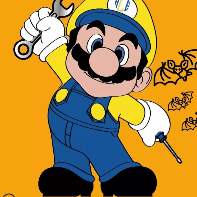 Karykatura hydraulika w żółto-niebieskim kombinezonie, trzymającego klucz i śrubokręt na pomarańczowym tle z motywem nietoperzy.