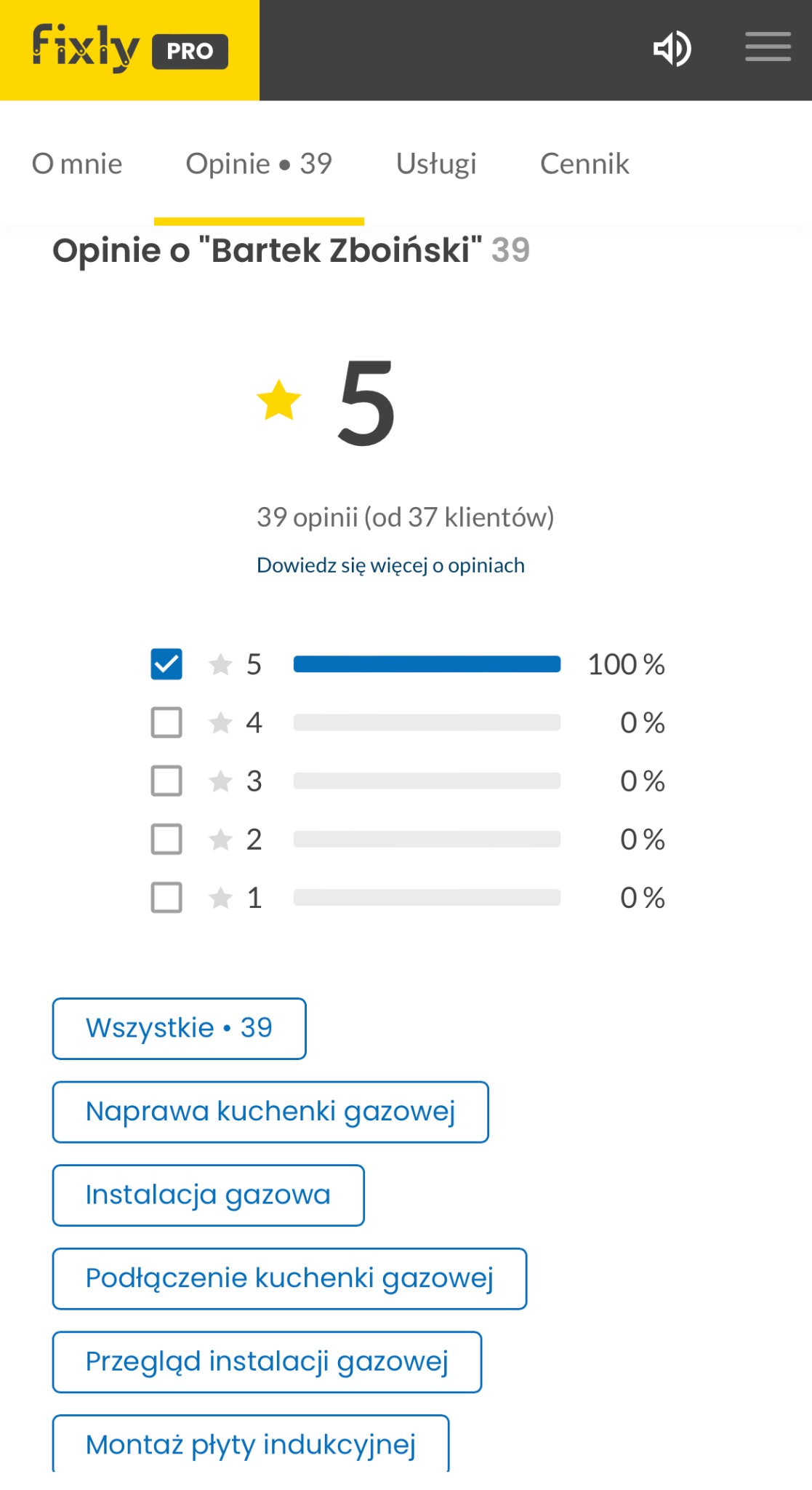 Ekran z ocenami i opiniami o usłudze 'Bartek Zboiński', ocena 5 gwiazdek, 39 opinii, 100% pozytywnych ocen, z listą usług takich jak naprawa kuchenki gazowej, instalacja gazowa, podłączenie...