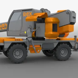 Wizualizacja 3D samojezdnego żurawia terenowego w kolorach szarym i pomarańczowym z logo REX. Manekin postaci wspinający się po schodach żurawia.