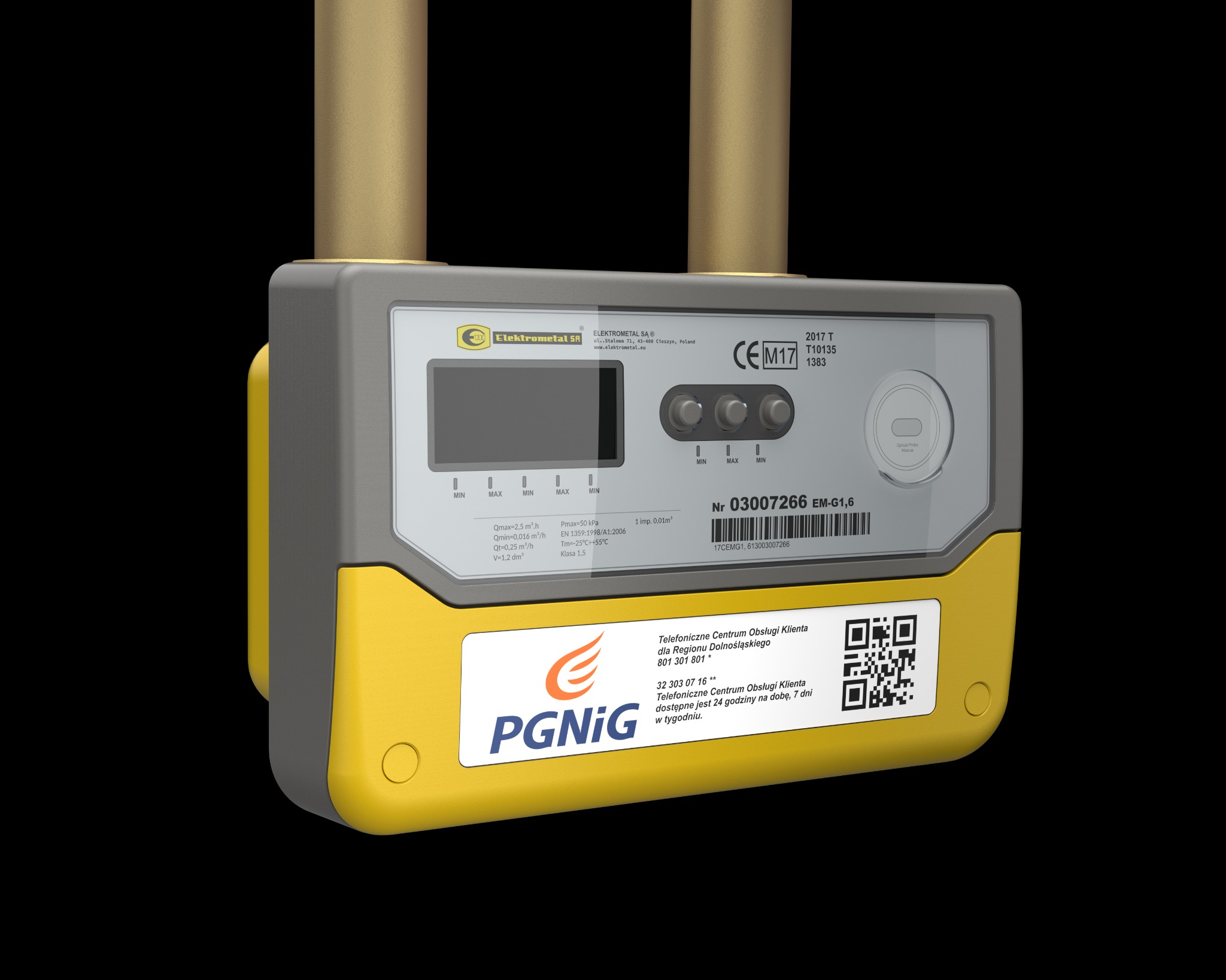 Wizualizacja 3D projektu obudowy gazomierza firmy Elektrometal Cieszyn, prezentująca szaro-żółtą konstrukcję z wyświetlaczem, przyciskami i oznaczeniami technicznymi, w tym logo Elektrometal SA...