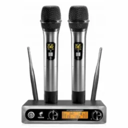 Zestaw dwóch bezprzewodowych mikrofonów UHF z odbiornikiem, wyświetlaczami LCD i antenami, marki Tonor, na białym tle.