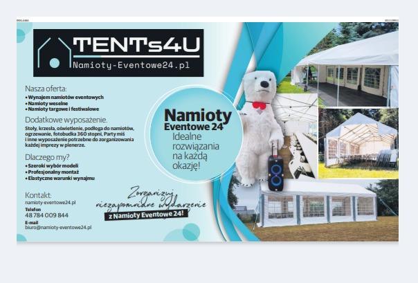 Reklama firmy oferującej namioty eventowe: wizualizacje namiotów, pluszowy miś z głośnikiem, logo Tents4U i hasło 'Namioty Eventowe 24 - idealne rozwiązania na każdą okazję'.