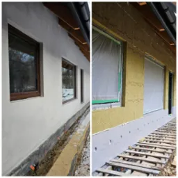 Porównanie elewacji: ocieplona wełną mineralną z zabezpieczonymi oknami folią i surowa, przed ociepleniem, z widocznymi oknami i fragmentem zimowego krajobrazu.