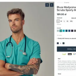 Mężczyzna w miętowej bluzie medycznej z stetoskopem na szyi, prezentacja produktu na stronie sklepu internetowego mymoodsy.com z widoczną kartą produktu.