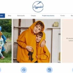 Strona internetowa sklepu z odzieżą dziecięcą Rygielek.pl, prezentująca zdjęcia uśmiechniętych dzieci w kolorowych ubraniach, w tym bluzy, spodnie i nakrycia głowy.