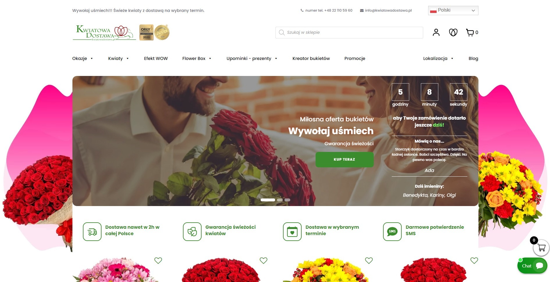 Strona internetowa kwiaciarni kwiatowadostawa.pl z ofertą bukietów, prezentująca romantyczną scenę wręczania kwiatów i odliczanie czasu dostawy.