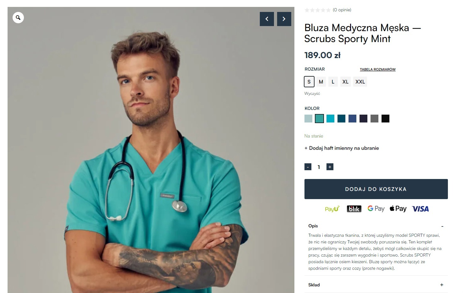 Mężczyzna w miętowej bluzie medycznej z stetoskopem na szyi, prezentacja produktu na stronie sklepu internetowego mymoodsy.com z widoczną kartą produktu.