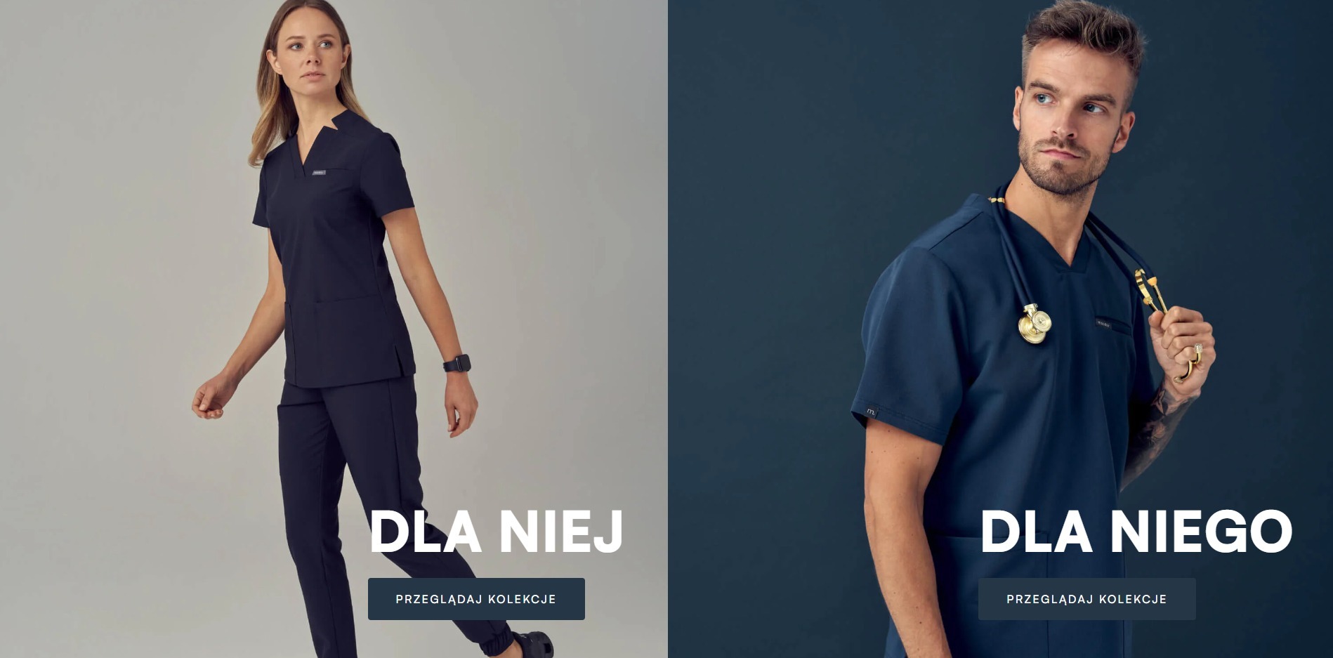 Kolaż przedstawiający kobietę i mężczyznę prezentujących granatowe uniformy medyczne z napisem 'Dla Niej' i 'Dla Niego', zachęcające do przeglądania kolekcji.