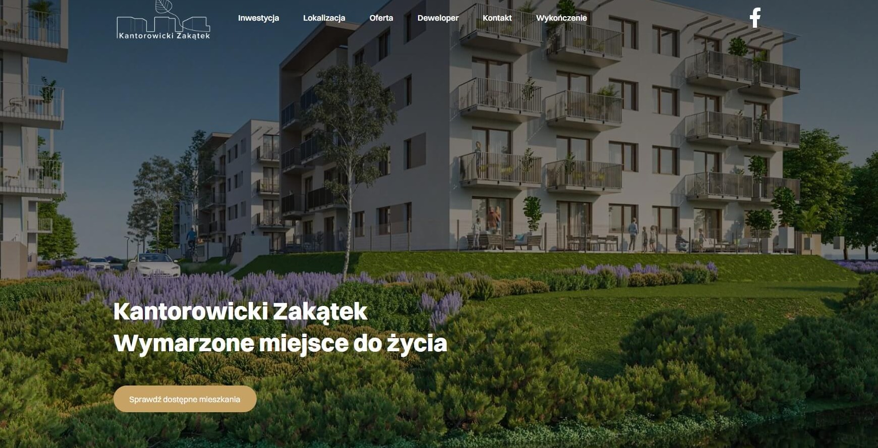 Strona internetowa prezentująca wizualizację osiedla mieszkaniowego Kantorowicki Zakątek z nowoczesnymi budynkami, balkonami i zagospodarowaną zielenią.