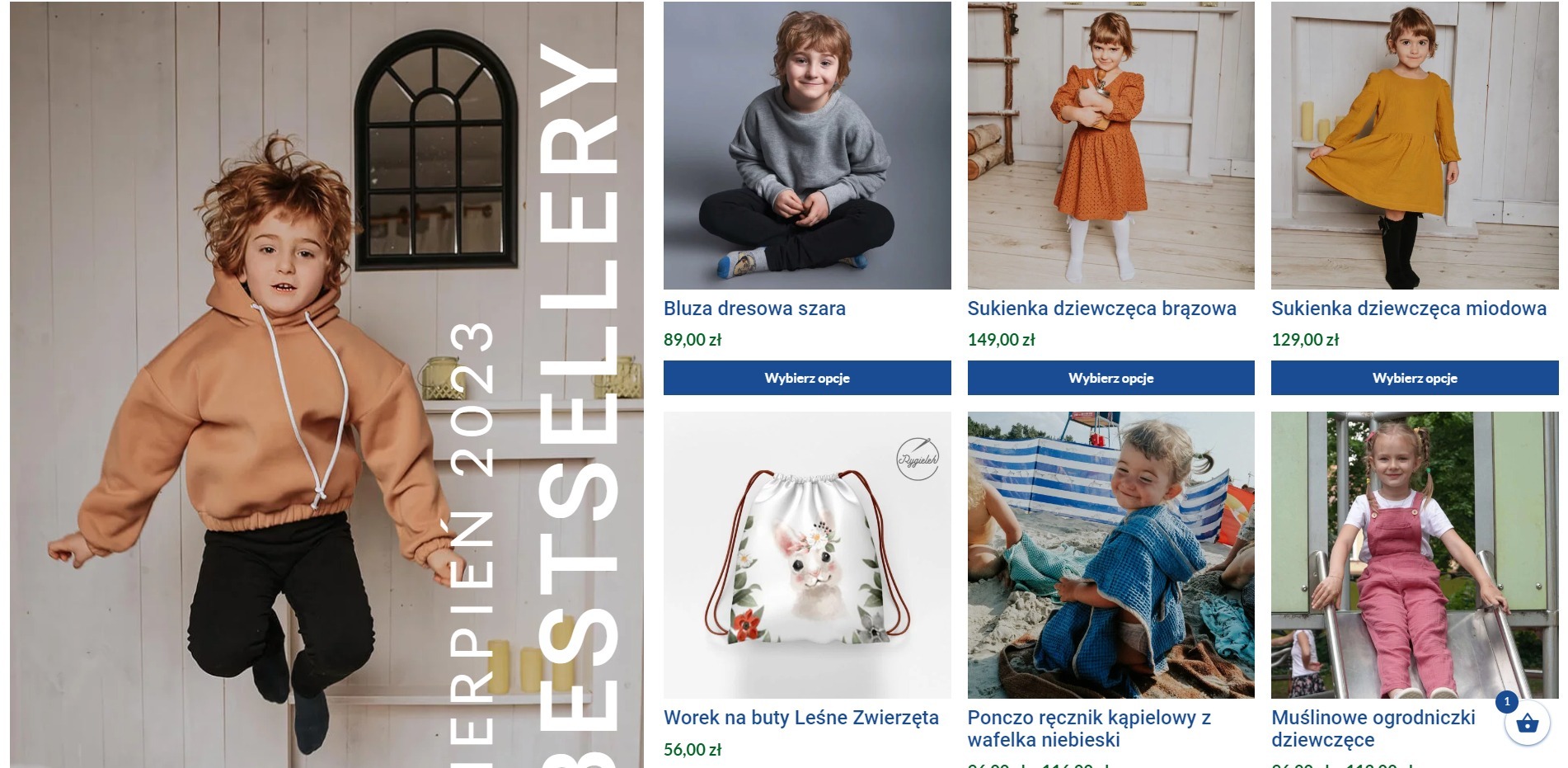 Chłopiec z rudymi włosami w brązowej bluzie z kapturem i czarnych spodniach skacze w górę, na tle aranżacji wnętrza z lustrem, obok innych produktów w ofercie sklepu internetowego Rygielek...